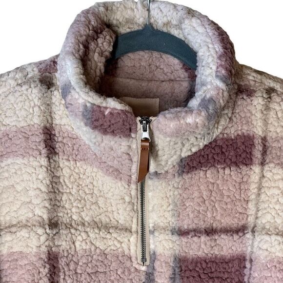 Thread & Supply Faux Sherpa Teddy Jacket 1/4 Zip Mauve Plaid M - Picture 7 of 13